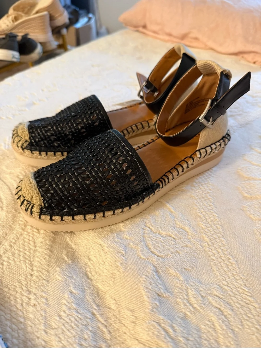 ana Black Woven Espadrille Flats with Ankle Strap